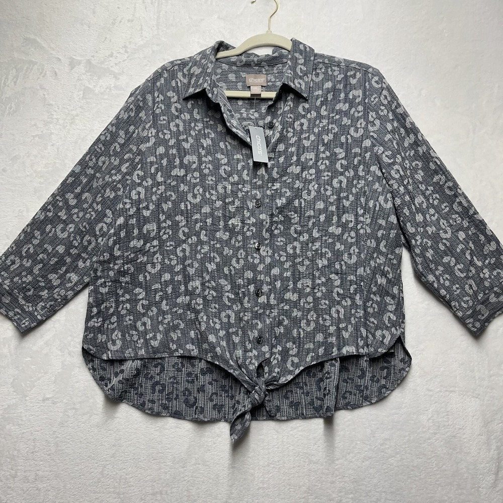 Chicos Button Up Blouse Womens Large/12 Animal Leopard Print Tie Front NEW